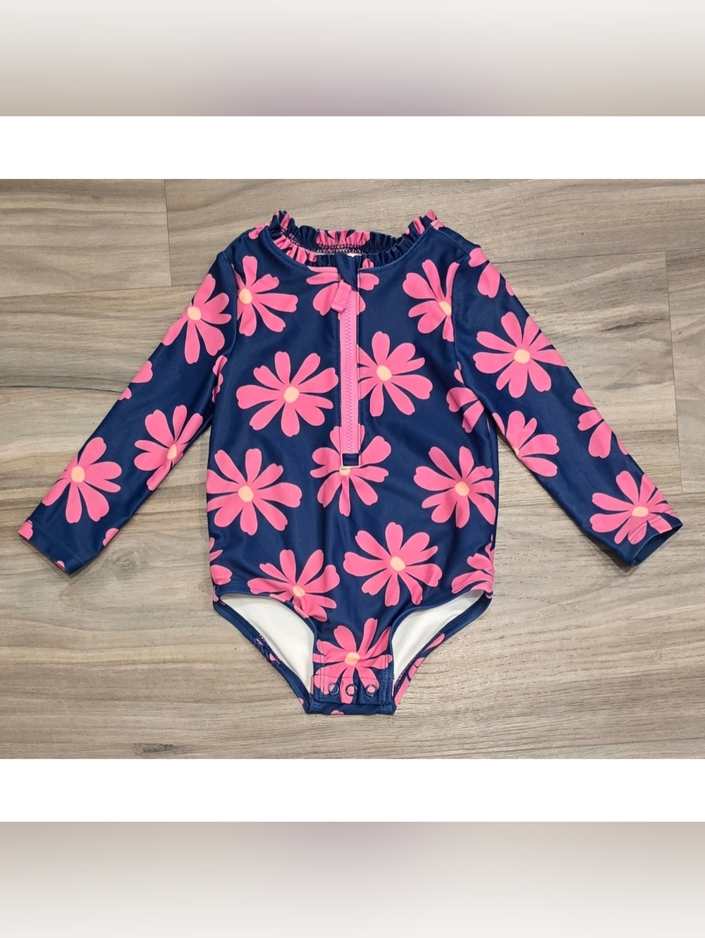Carter’s Floral Rash Guard One Piece Swimsuit Size 12 Months Navy Pink Zip Front